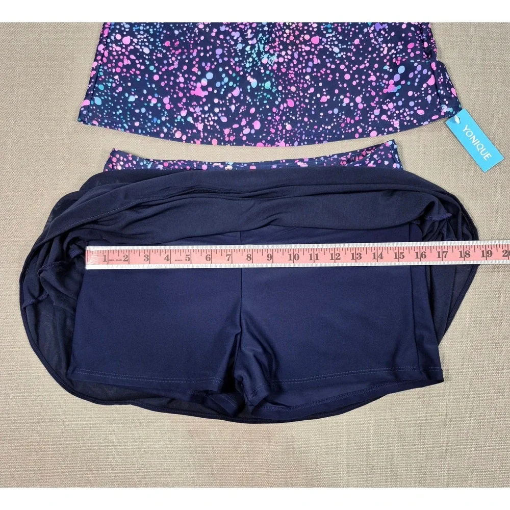 Yonique Womens Tankini Swimsuit Skirt Set Paint Splatter Navy Pink Size‎ M NWT